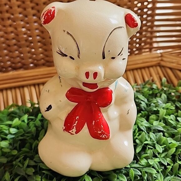 Vintage Chippy Paint Piggy Bank In Red Bow Tie - Picture 8 of 9